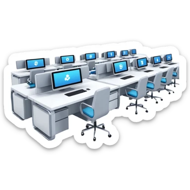 the AI-Enabled Workplace, modern office with robots and humans collaborating, digital screens, futuristic sticker