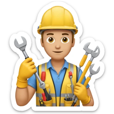 emoji of a hardworking electromechanical man wearing a yellow helmet and holding tools, apple emoji style, large size sticker