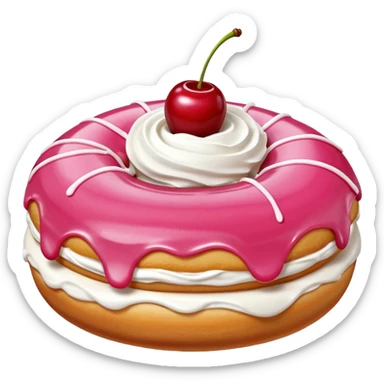 Round donut with smooth pink icing and thin white drizzle lines, golden-brown dough visible on the sides.
White whipped cream dollop in the center topped with a glossy red cherry and stem, clean studio lighting, pure white background, realistic minimal emoji-style. sticker