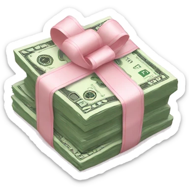 stack of money wrapped in a light pink bow sticker