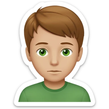 boy with light brown hair and green eyes with green shirt sticker