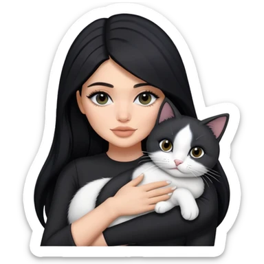 Kylie Jenner long hair with black dress hug one grey white cat sticker