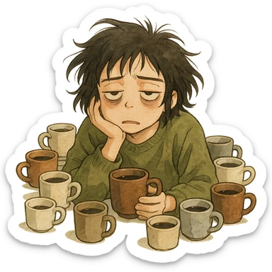 ghibli style illustration of someone surrounded by coffee cups, looking extremely tired sticker