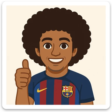 Add afro hair to Raphinha, Barcelona football player, giving a thumbs up, wearing Barcelona kit. The style should resemble emoji style. sticker