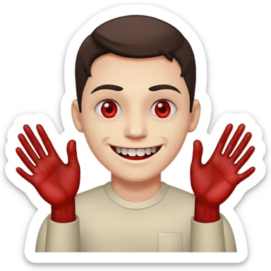 Face with bloodshot eyes and toothy smile with two hands extended in front of him sticker