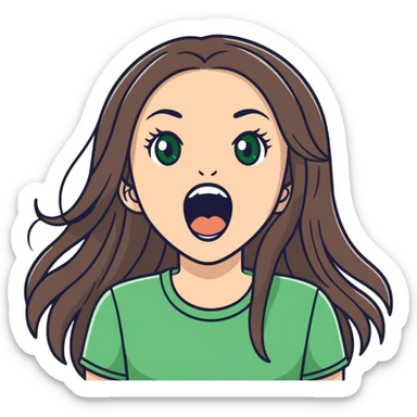 white girl, long brunette hair, green eyes screams with delight sticker