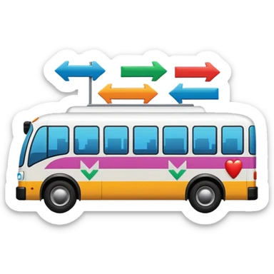 sleek bus viewed from the side with three colorful arrow signs pointing to city icons, colorful Apple-style emoji look sticker