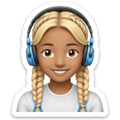 "- Nữ
- 20 tuổi
- Da nâu
- Tóc tết 2 bím, tóc vàng
- Đeo tai nghe
- Mặt cười mỉm
" sticker