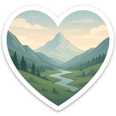 heart with a serene mountain valley, clean digital illustration sticker