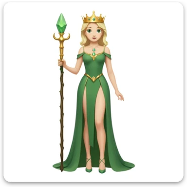Queen, crown, blonde hair, green eyes, long green tight dress, decoltee,  Leg slit, whole Body, Background forest  sticker