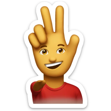 Make a face doing the peace sign wearing red and gold sticker