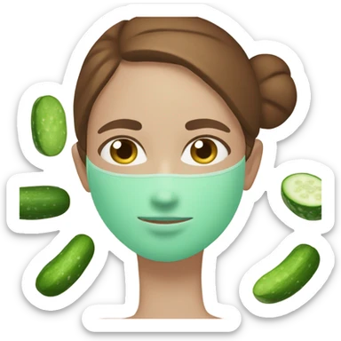 Girl with freackles Brown hair white skin Tone and blue eyes wears Green skin care mask while She relaxes and cucumber on her closed eyes sticker