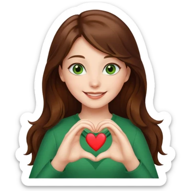 Girl green eyes brown long hair doing hands heart sticker