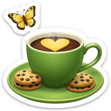 A green coffee cup, steaming in a heart shape, has a yellow butterfly print on it. The cup sits on a green saucer surrounded by cookies. sticker