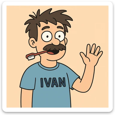 A boy brown mustache Toothbrush Bed Head hair blue ok t-shirt Ivan say hello sticker