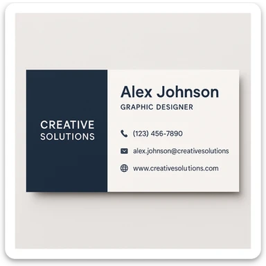 A modern and professional business card for Alex Johnson, Graphic Designer at Creative Solutions. The card should include the name, job title, company name, phone number (123) 456-7890, email alex.johnson@creativesolutions.com, and website www.creativesolutions.com. Use a clean, modern design with a professional color scheme. The card should have a minimalist design. sticker