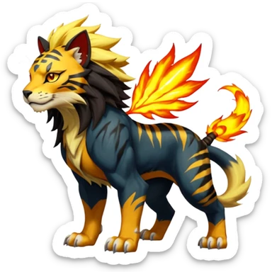 Volcanic Fiery Colorful exotic dark-colored, vibrant, golden, burning, badass, cool, realistic Pyroar-Sprigatito-Torracat-Luxray-Tigress-Solgaleo-Liger-Hybrid-Fakémon-Pokémon-Hybrid-Creature (full body) sticker
