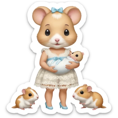 Mama white pretty hamster girl wearing white lace dress and heals holding a baby hamster wearing nappy and dummy sticker