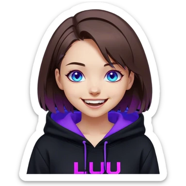 brown haired girl with a bob and blue eyes wearing black hoody with violet letters "Lu", laughs. Cyberpunk style. Violet neon. sticker