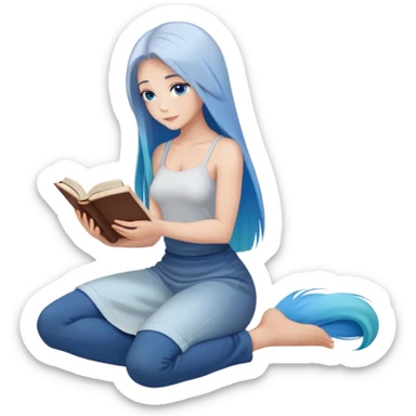 Anatomy of woman's very bare body scheme anatomy-bare shoulders and blue eyes-very long straight blue hair ombre-kneeling-front-leaning back and reading book sticker