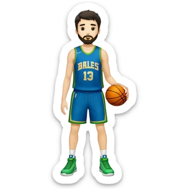 Full Body  white male basketball player with short shaggy dark hair and gold tee beard wearing blue and green uniform sticker