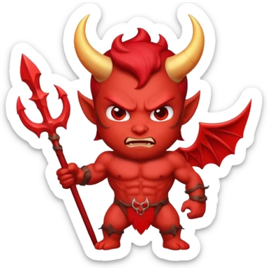 Emoji-style devil: red skin, horns, muscular body, red trident, angry face, same cute emoji style as the angel. sticker