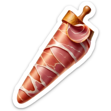 Jamón Serrano Cinematic Realistic Jamón Serrano Dish Emoji, depicted as a prominent leg of cured ham with visible marbling, rendered with rich textures and dynamic, appetizing lighting. sticker