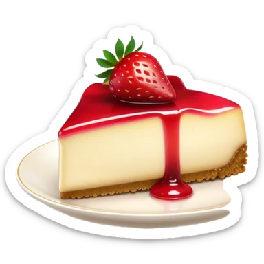 Cinematic creamy cheesecake, smooth and velvety, topped with fresh strawberries and a glossy fruit glaze, golden crumbly crust, beautifully plated, soft glowing background, indulgent and elegant. sticker