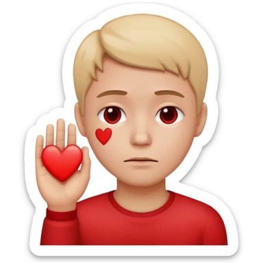 A red emoji that is sad and has a hand making a heart sticker