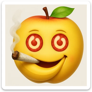 Add a cartoon joint with smoke to the smiley face made of apples as eyes and a banana as the mouth. Make it look like the face is smoking weed, keep the emoji style. sticker