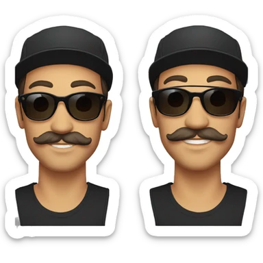 guy with long hair and a mustache and a black bucket hat and black sunglasses with mirrored orange lenses sticker