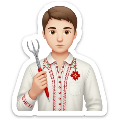 Ukrainian young man in a white embroidered traditional shirt holding a red thread with a needle and pliers sticker