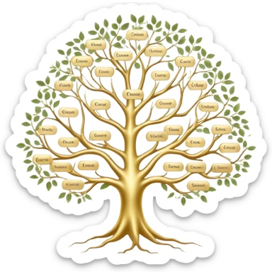 Tree of ancestral connections with ethereal, flowing branches linking generations, dreamy translucent family tree sticker
