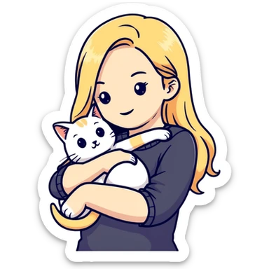 pretty woman with pale skin, very long blonde hair hugging a cat sticker