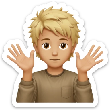 White young boy with mouth out and blonde messy hair with his hands out one has a 6 on it the right has a 7 on it sticker