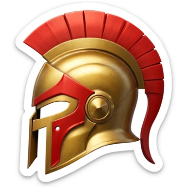 Side view of a gold Spartan helment with a red crest sticker