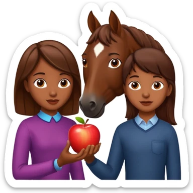 a dark skinned boy and a brown haired girl giving an apple to a horse sticker