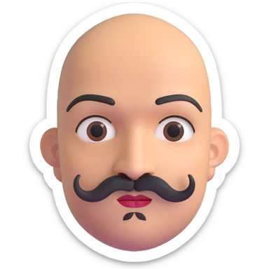 Bald man with smooth oval head, indigenous facial features, 37 years old, with only a mustache and thin beard connecting chin to lips, memoji style sticker