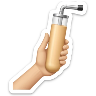 one single beige skin colored hand holding a cylindrical tube sticker