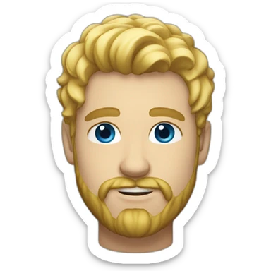 A 27-year-old man with blond hair, blue eyes, beard and mustache sticker