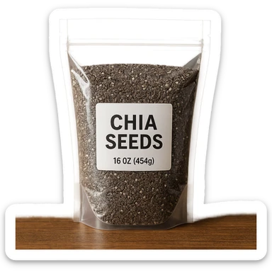 chia seeds, photorealistic, transparent bag with visible label sticker