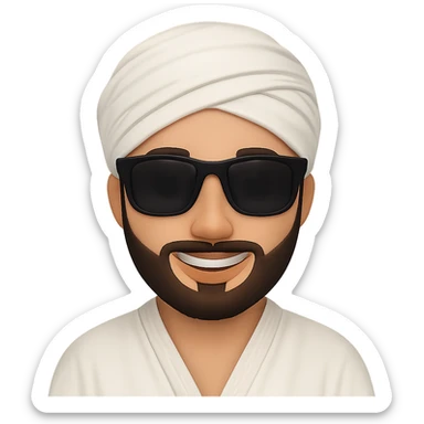 Emirati man smiling with a neatly groomed beard, wearing white robe and headscarf, add sunglasses. The image should have no background. Maintain the neat grooming and traditional attire clearly in the style of an edited image. sticker