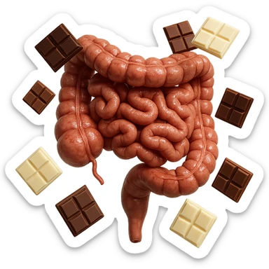 pezzetti di cioccolato fondenti, al latte e bianchi fluttuano intorno ad un intestino umano anatomico realistico, IPERREALISTICO 4K sticker