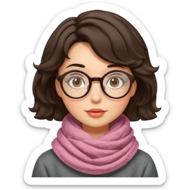 A shy brunette hair wavy short hair woman with big round glasses and thick scarf, blushing from the cold. sticker