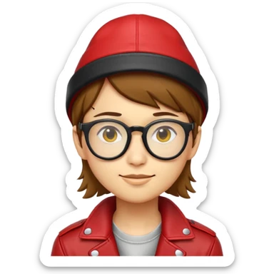 nam 20 tuổi, da vàng, tóc ngắn màu nâu, đội mũ màu đỏ, đeo kính màu đen, khoác áo da màu đỏ, nụ cười nhếch mép sticker