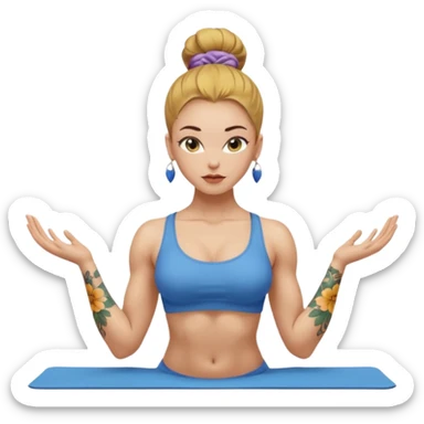 sexy and fit, well muscled torso and biceps, european sexy girl, nude body, yellow-brown slavic hair in bun, sexy nude body, floral tattoes, blue-grey eyes, active yoga, sexy colored lips sticker