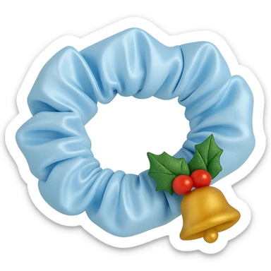 Add small holly leaves and berries next to the Christmas bell charm on the pastel blue silky scrunchie, keep the 3D emoji style and shimmer effect. Remove the background. The original style is 3D emoji style which does not support editing, so use a general style editor while respecting the 3D emoji look. sticker