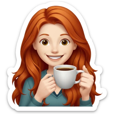 Excited long haired redhead drinking coffee with a sign in front saying GTSY sticker