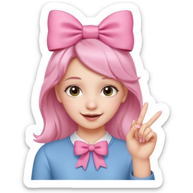 Chica sonriendo con un lazo rosa en la cabeza y mordiendose la punta del dedo indice con delicadeza y la otra mano que no salga sticker