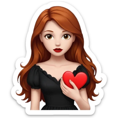  woman flirting long dark ginger hair dark make up holding a broken heart black dress sticker